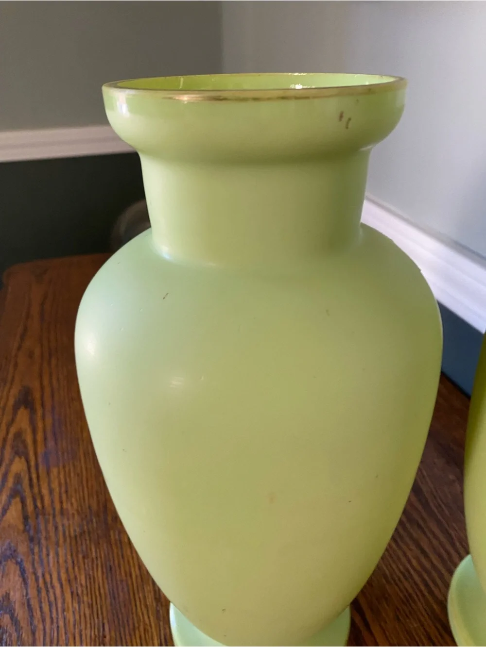 Early 20th Century French Mint Green Art Glass Vases Hand Painted Raised Gilt